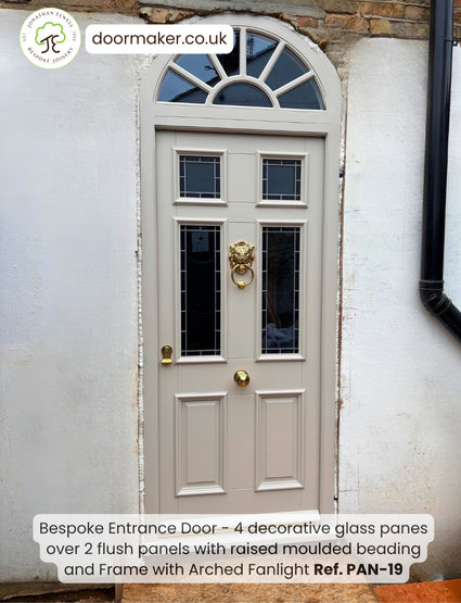 Bespoke Entrance Doorset made from Accoya - 4 decorative glass panes over 2 wooden panels and frame with Arched Fanlight/Toplight